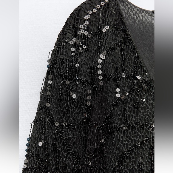 NWT Zara Black FRINGED SEQUIN MINI DRESS Size Small S - Picture 14 of 15